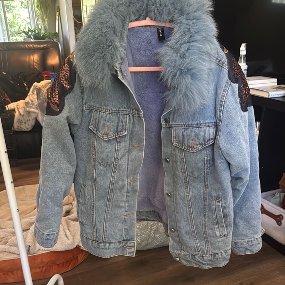 Dressed in LALA Blue and Gray Jean Jacket with Faux Fur
